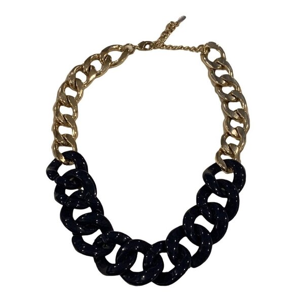 Aldo Statement Necklace Navy Blue Gold Big Chunky Bold Chain Retro Classic - Picture 12 of 12